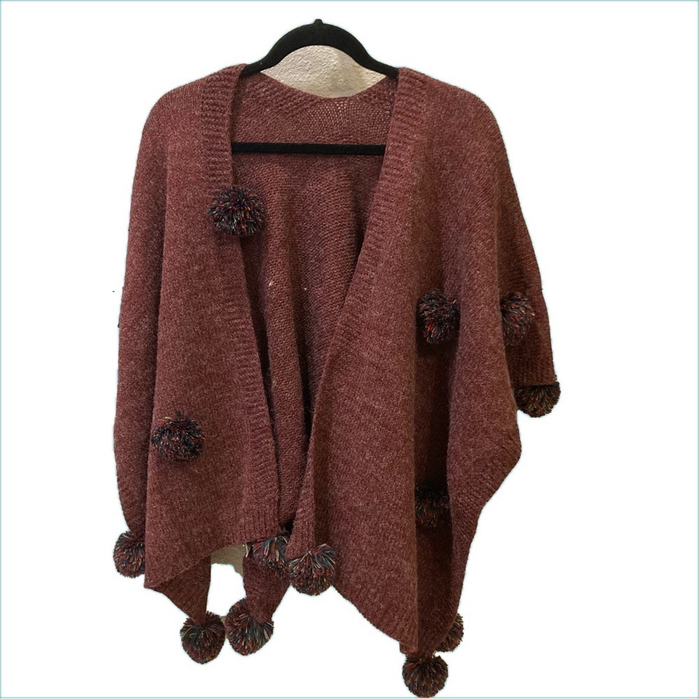 Cozy, boutique Pom-Pom poncho. Burgundy with mixed color Pom poms One size.